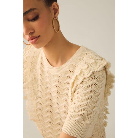 Anthropologie Kachel Shimmer Crochet Sweater Tee Cream M - Picture 2 of 11